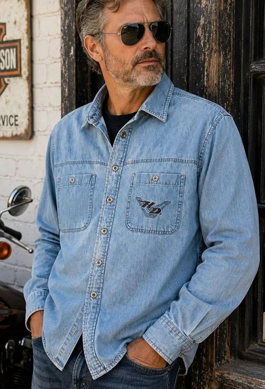 Vintage Harley-Davidson Biker Blues Denim Snap Shirt Men’s L Embroidered HD Logo
